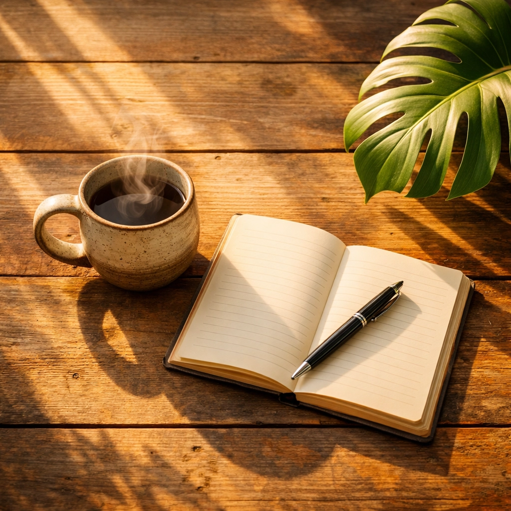 A serene coffee and journal setting, symbolizing the intentional pause needed to stop people pleasing.