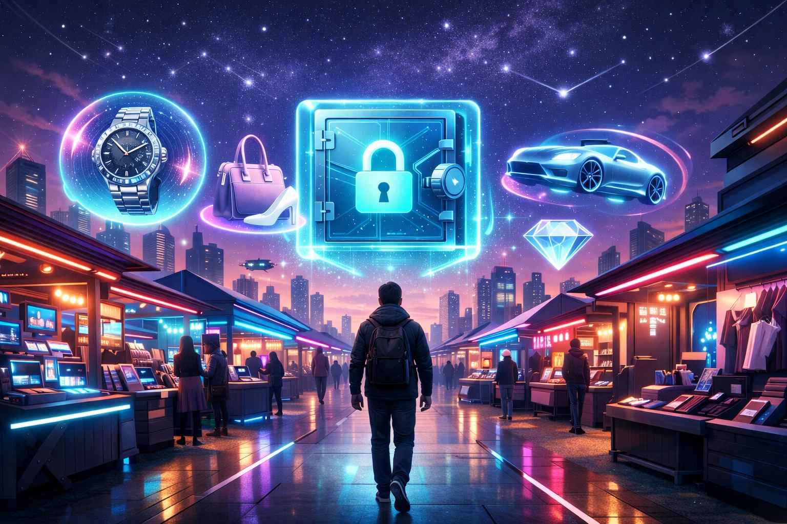 Futuristic marketplace showing digital assets and self-custody vaults for Larecoin Web3 global payments.