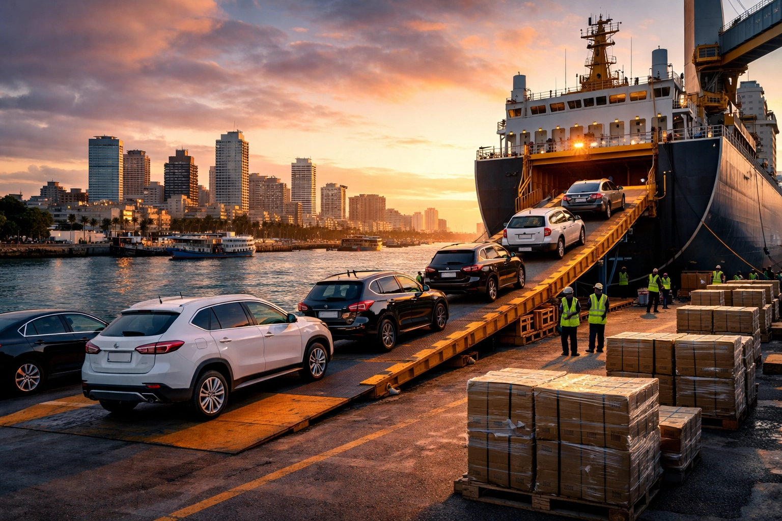Professionals load vehicles and pallets at a bustling West African port, showcasing PSI's ocean shipping services.