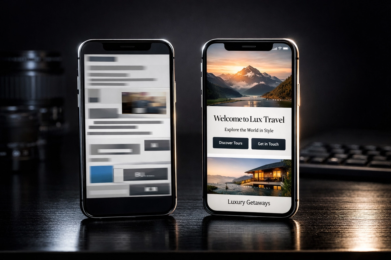 Comparison between a poor DIY template and a professional custom web design Toronto on mobile devices.