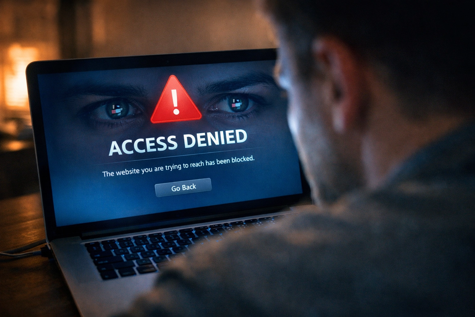 Gesperrte Webseite auf Laptop-Bildschirm zeigt IP-Blocking bei illegalen Wettanbietern