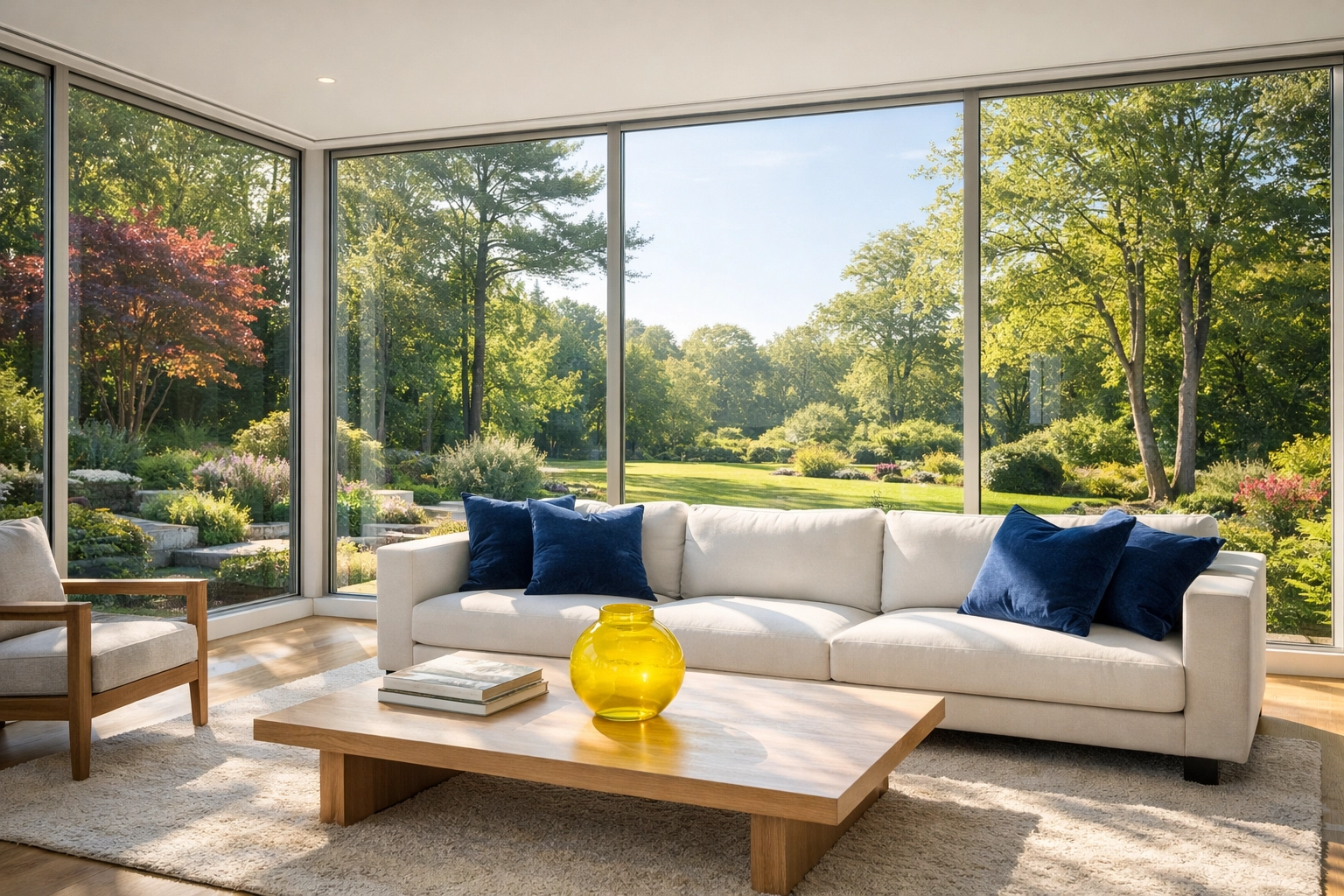 Sun-drenched Wellesley living room with spotless windows maintained by professional cleaners Wellesley MA.