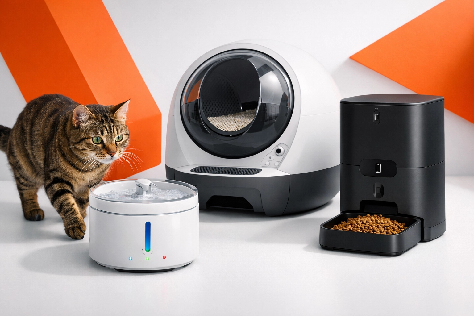 AI smart pet care devices including water fountain, feeder, and litter box with tabby cat in Bay Area