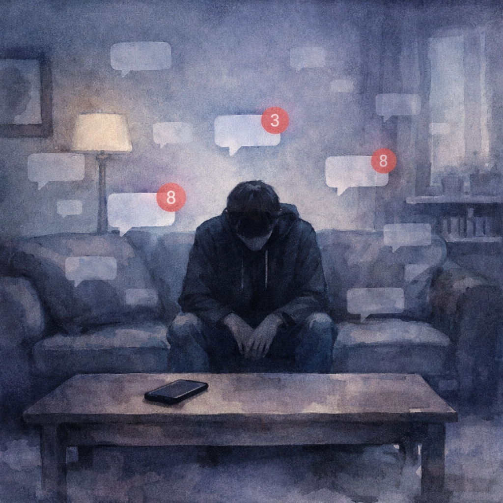 Person sitting alone on couch ignoring phone messages depicting social isolation and withdrawal