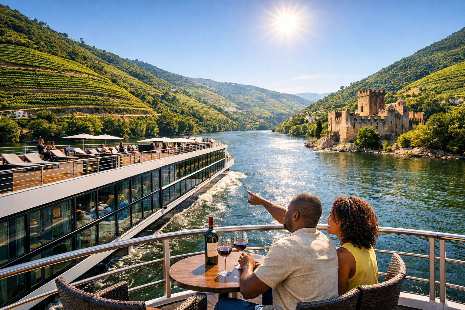 Luxury river cruise sailing through vineyards, showcasing 2026 cruise travel deals.