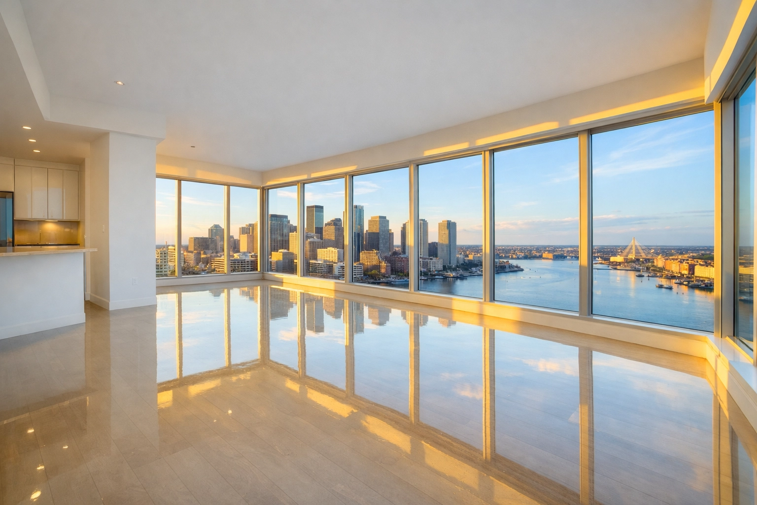 Spotless Boston Seaport apartment featuring gleaming floors from professional move-in cleaning services.