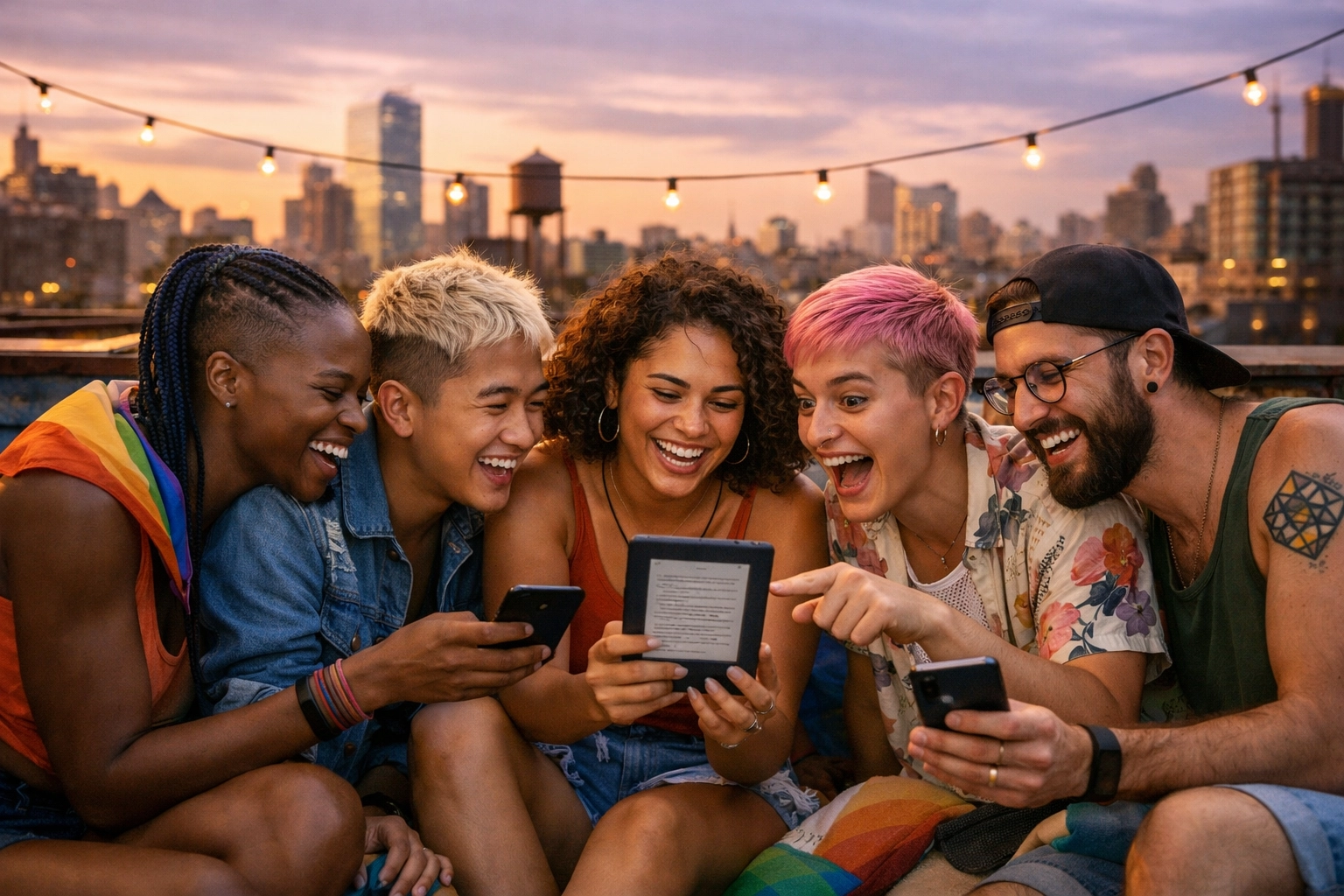 Diverse LGBTQ+ friends reading new queer fiction and eBooks on their devices in a city setting.