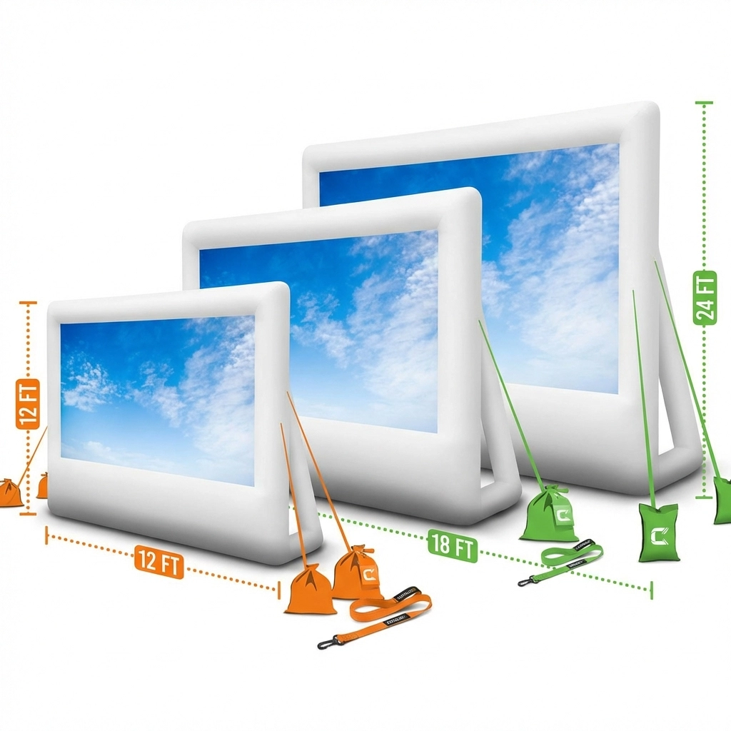 Three inflatable backyard movie screens in different sizes side by side, ideal for choosing the right screen size