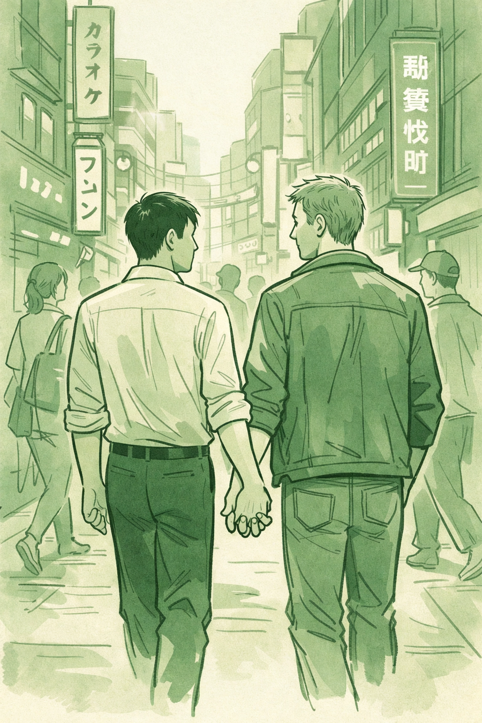 Gay couple holding hands in public on Shinjuku street - MM romance Tokyo authenticity