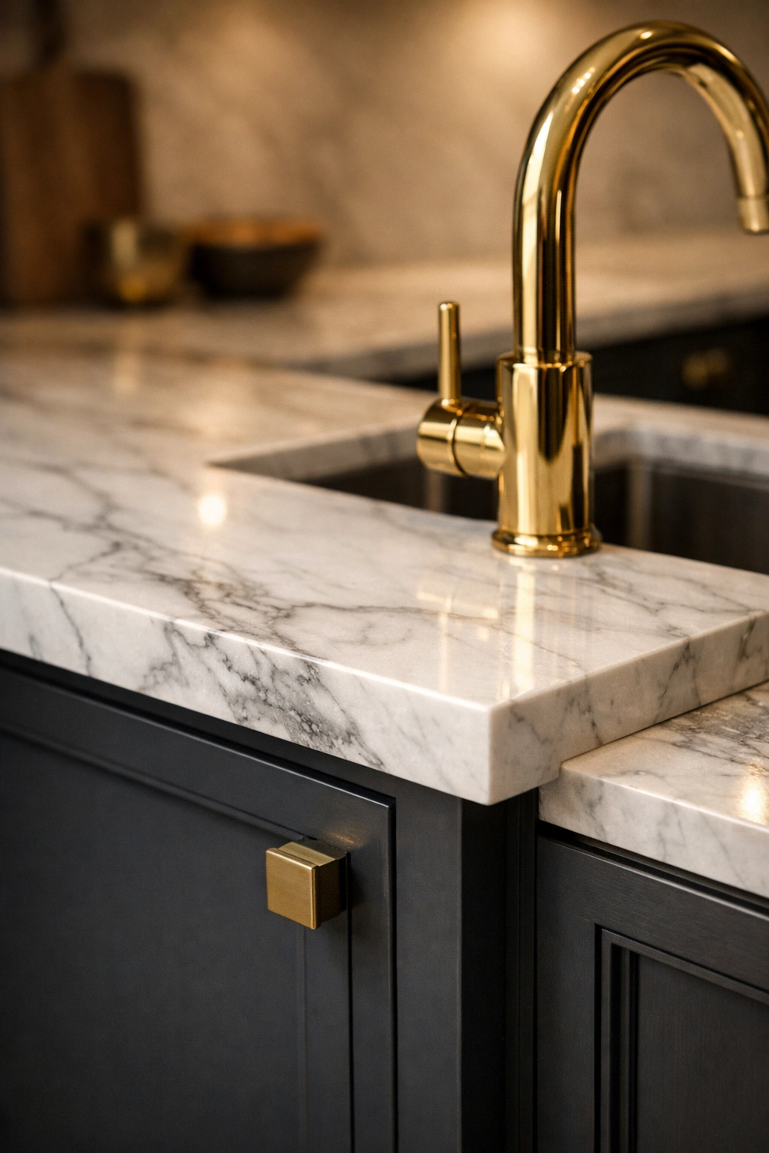 Pristine marble countertops and custom cabinets in a professionally maintained Wayland kitchen.