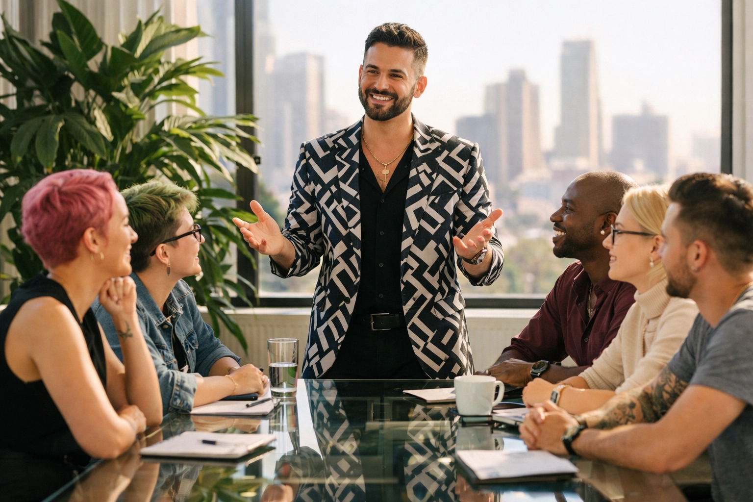 Gay professional practicing queer leadership by leading an inclusive team meeting in a modern corporate office.