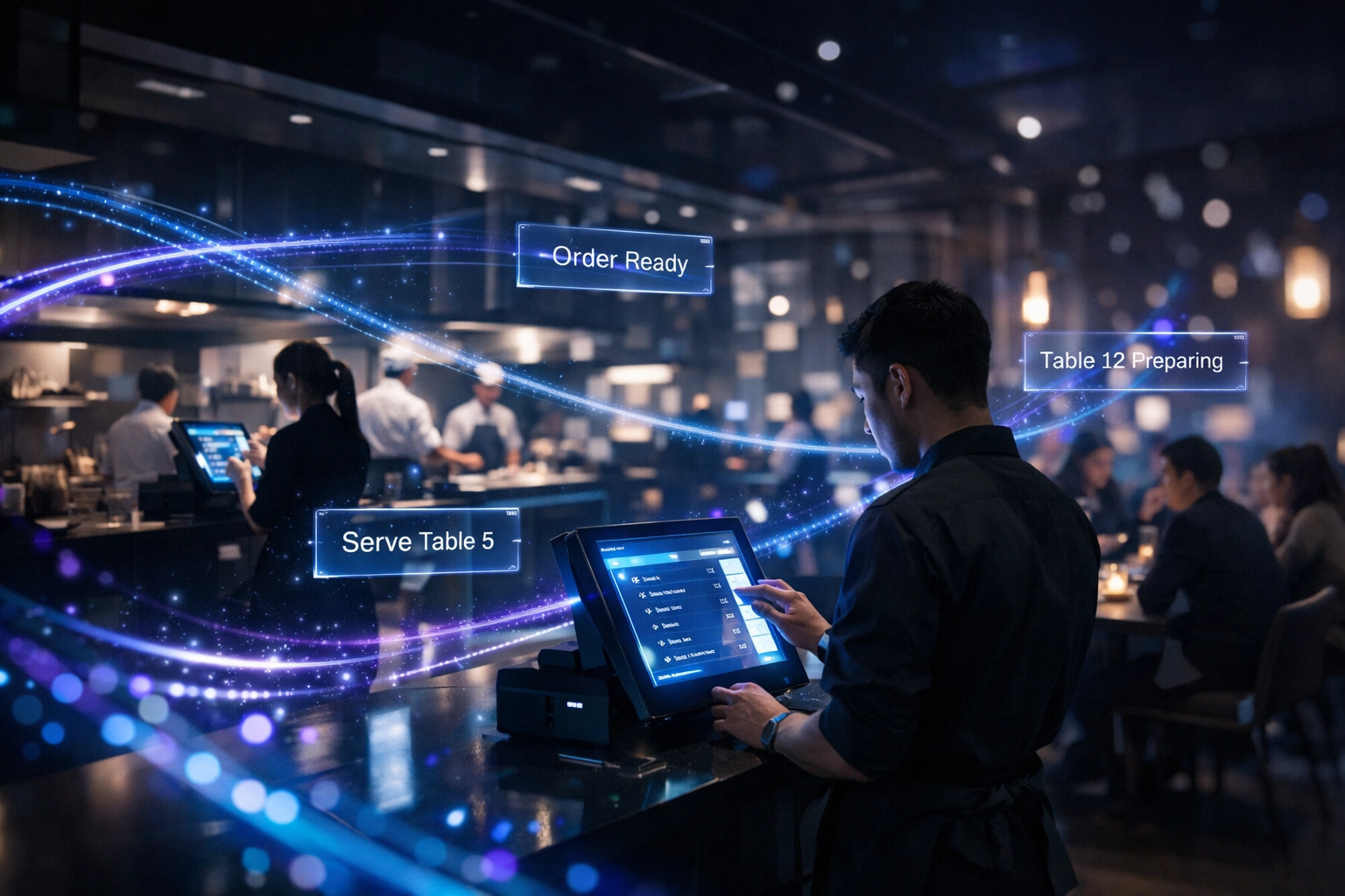 AI-powered POS system in modern restaurant showing real-time order flow and service optimization