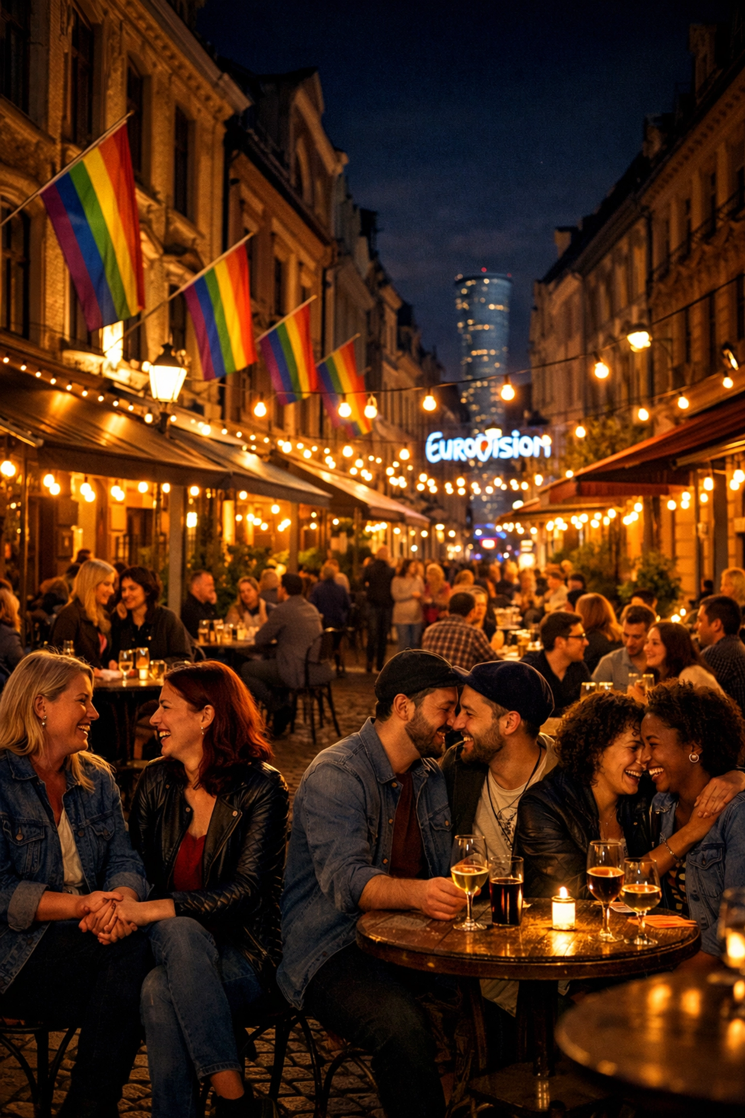 Malmö street during Eurovision week with rainbow flags and LGBTQ+ couples at outdoor cafés