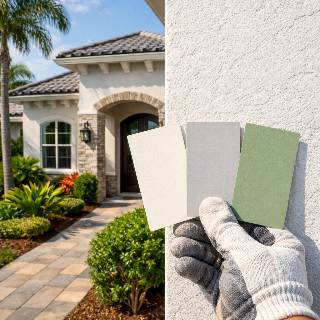 Exterior paint color swatches on Orlando home showcasing trending colors for 2026