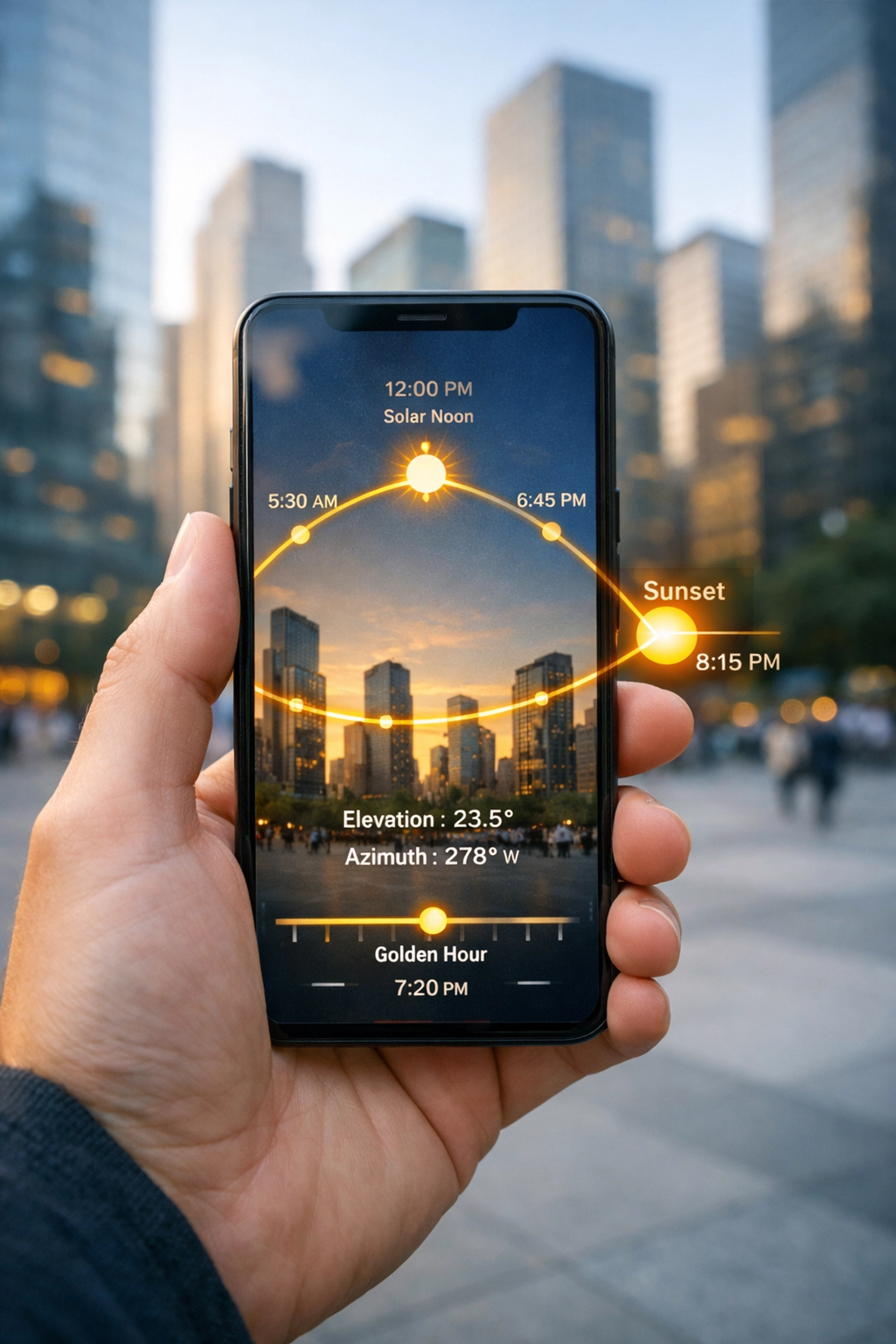 Using a solar path scouting app on a smartphone to find the best photography locations in a city.