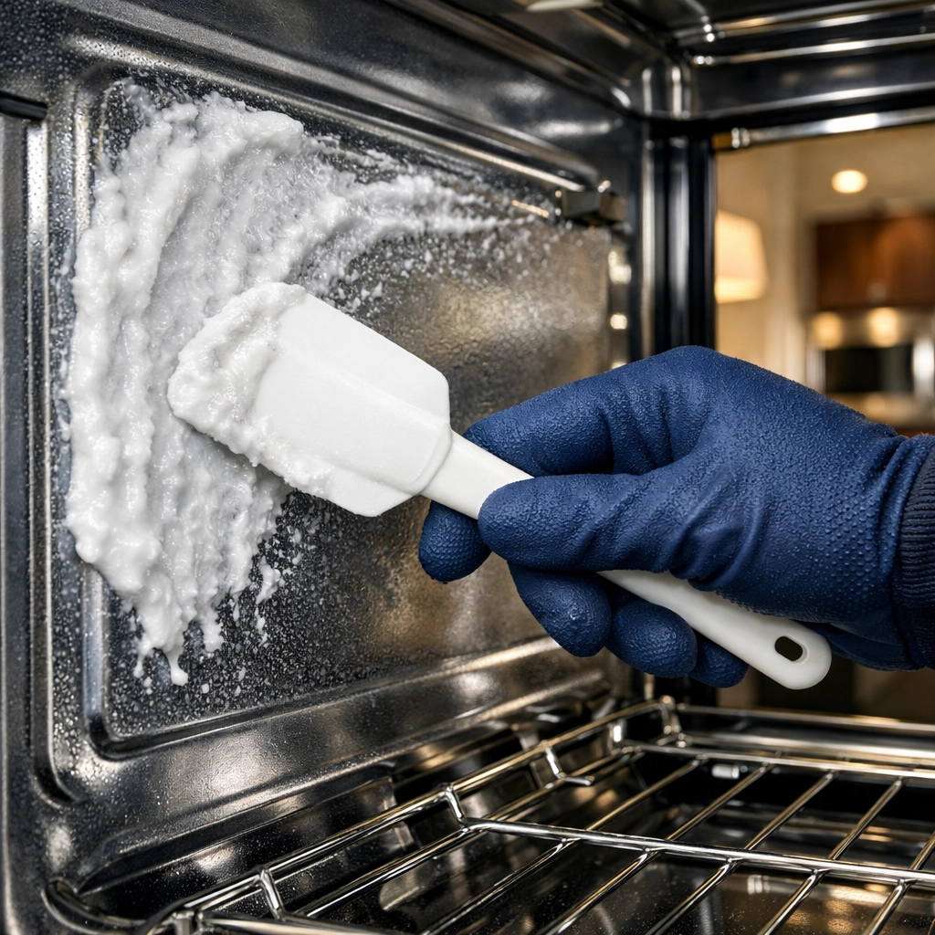Applying a thick baking soda cleaning paste to the interior of a stainless steel oven using a spatula.