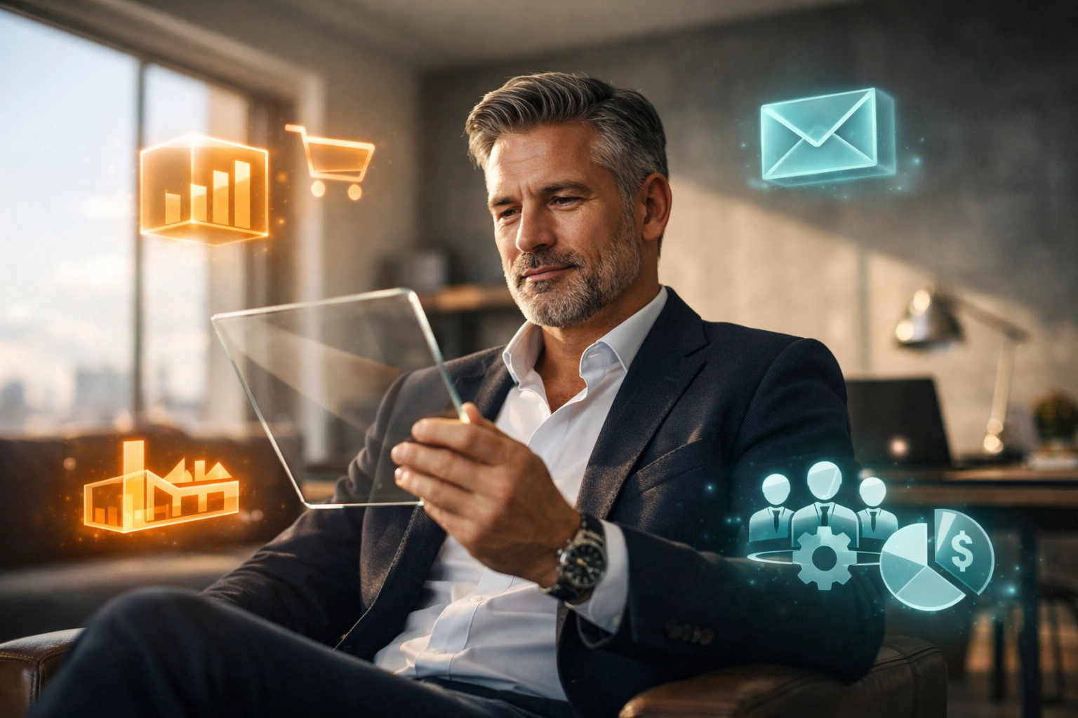 Professional using an AI supervision model to manage task-specific agents in a modern office.