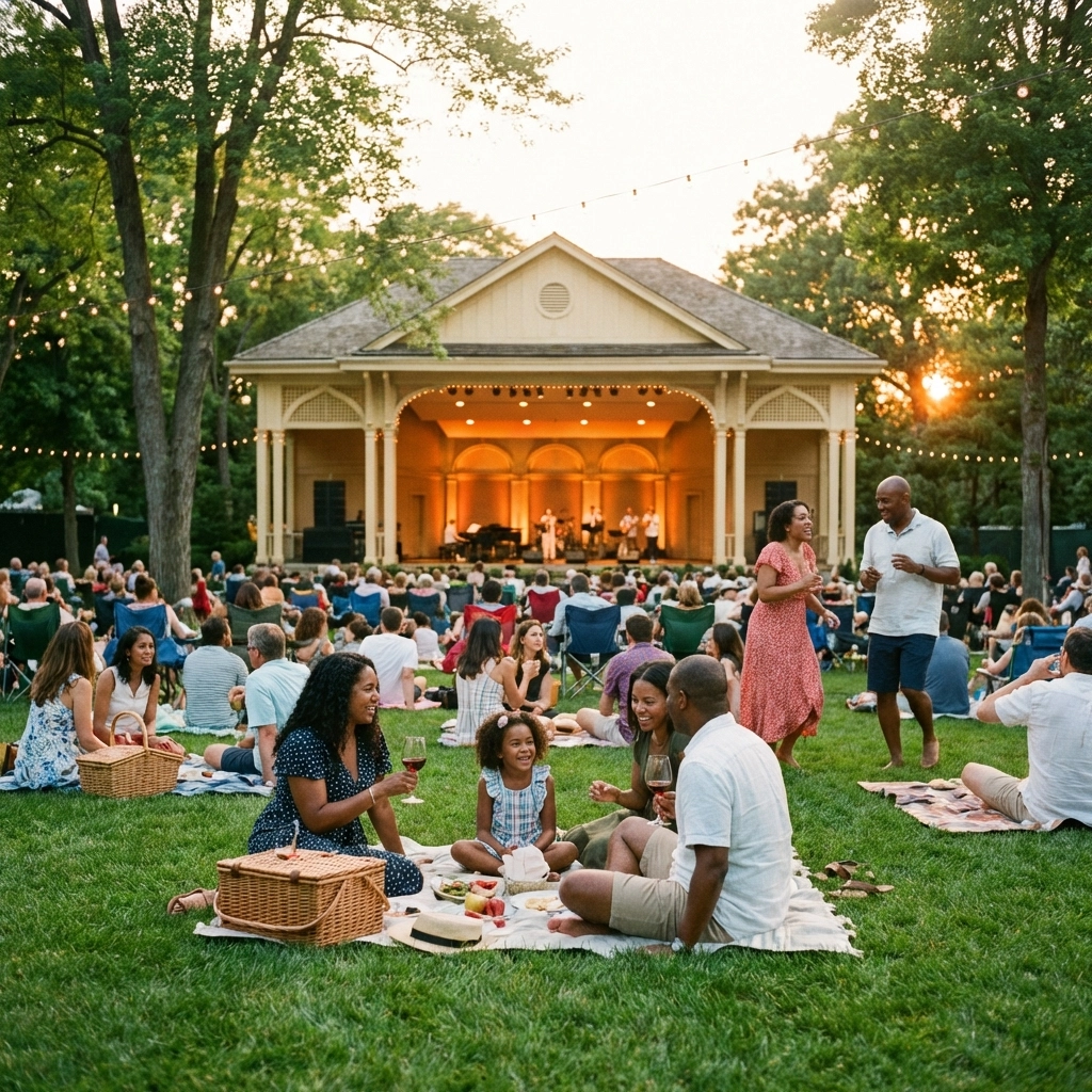 Families enjoying an outdoor summer concert at Ravinia Festival in Highland Park, a cultural hub for North Shore suburbs.