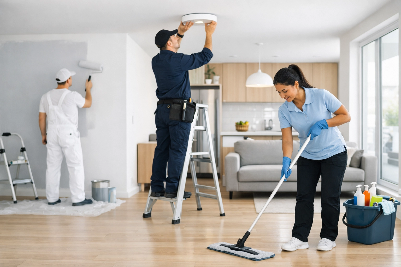 Multiple workers performing simultaneous apartment turnover tasks: painting, repairs, and cleaning