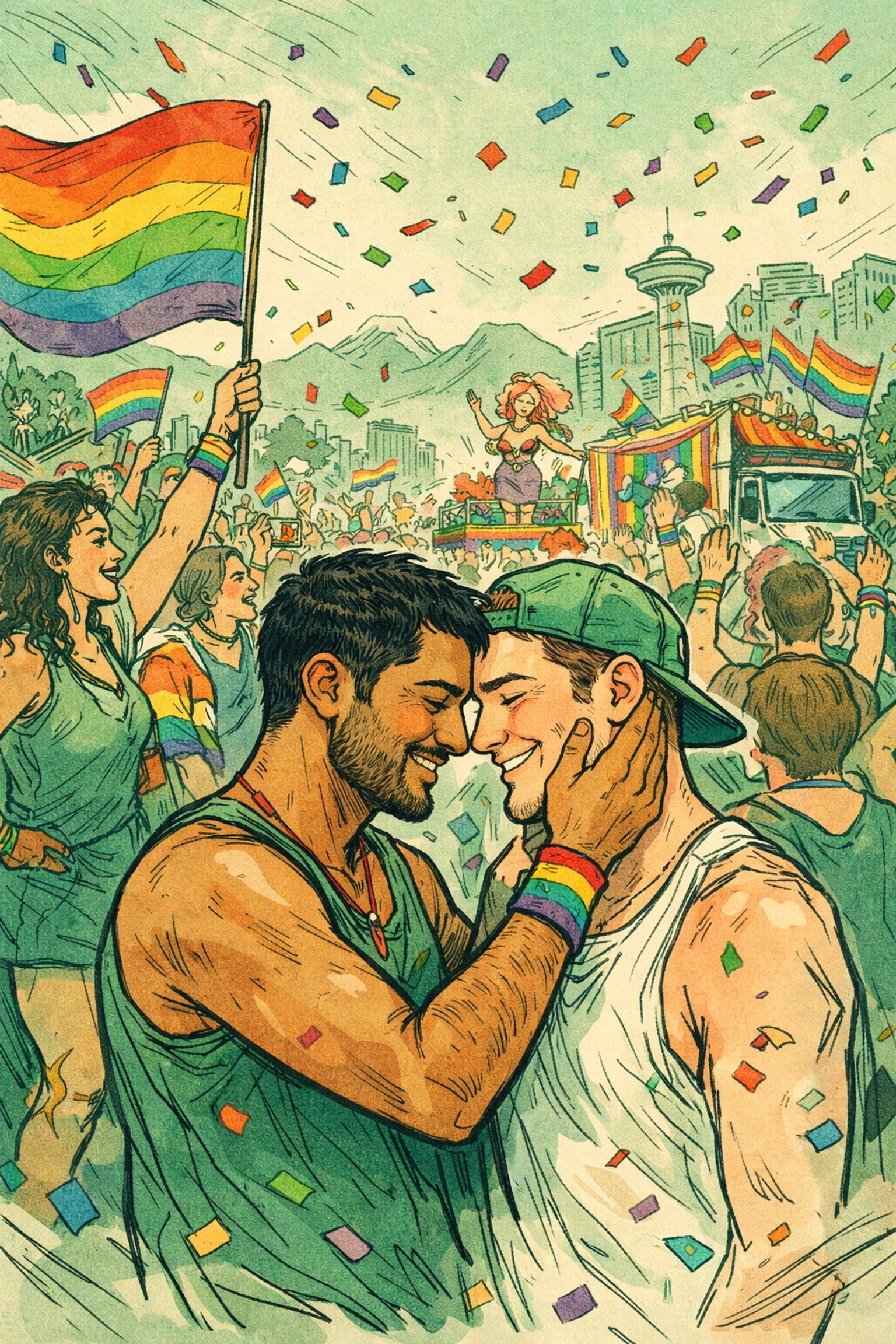 Vancouver Pride parade celebration with diverse LGBTQ+ community and rainbow flags