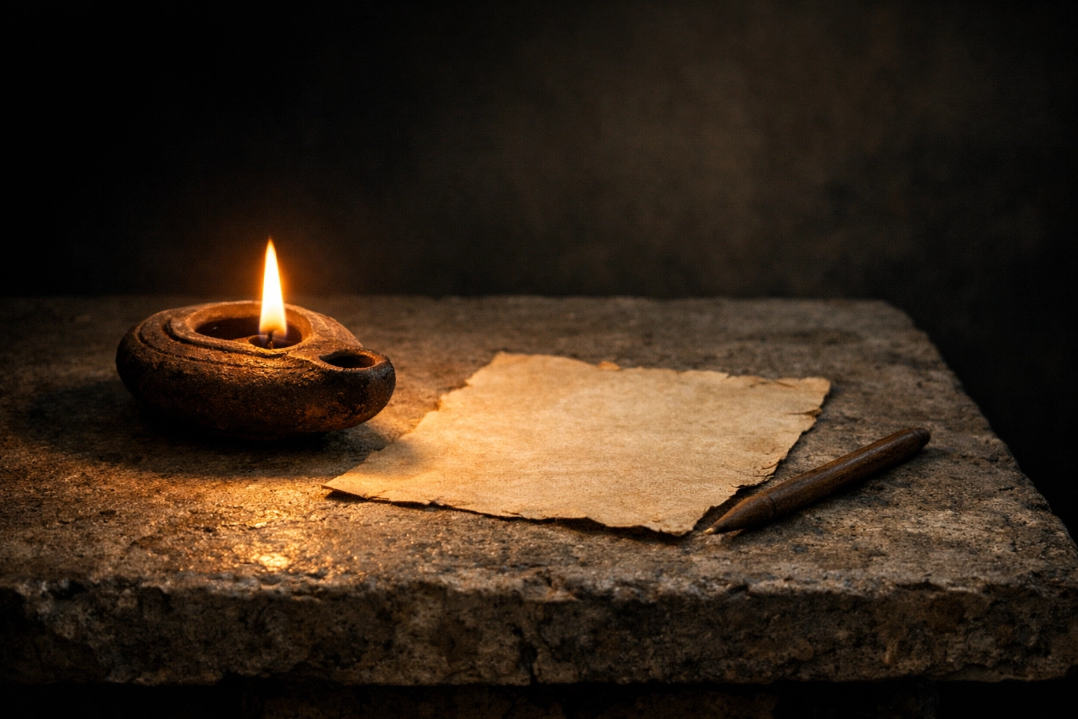 An ancient clay oil lamp and parchment signifying the study of the book of Genesis.