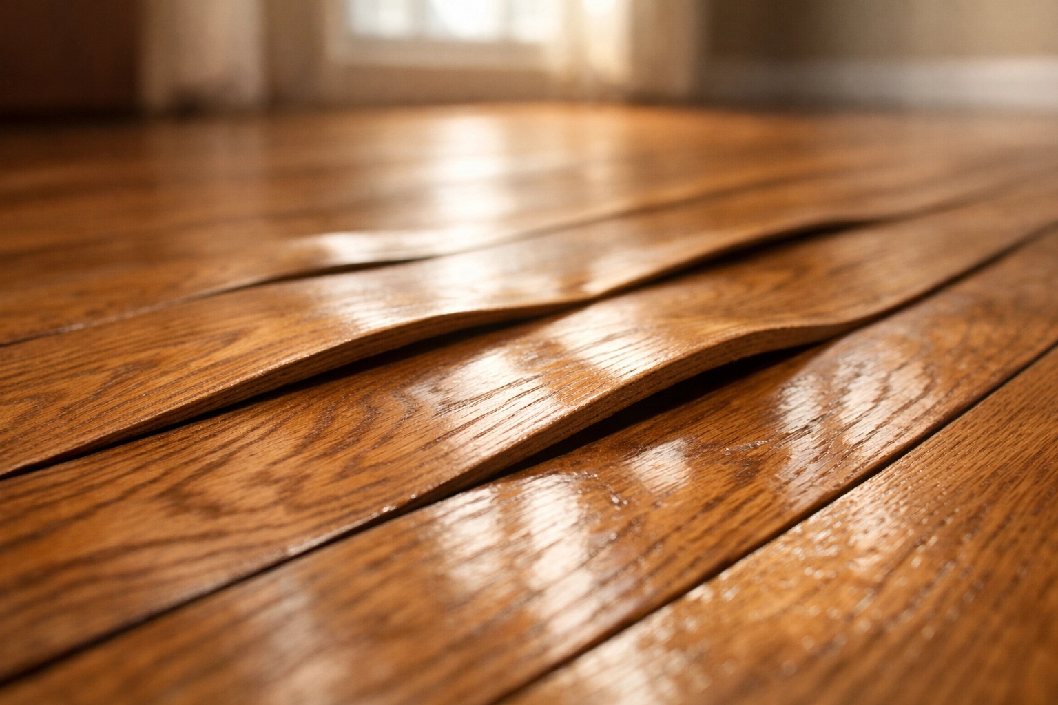 Warped hardwood floor showing cupping damage from moisture in Chicago home
