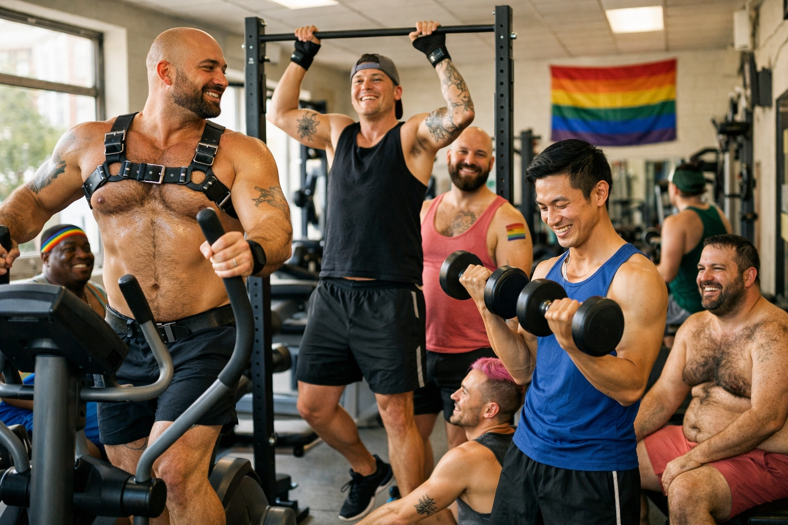 Diverse LGBTQ+ men of all body types working out together in inclusive gym