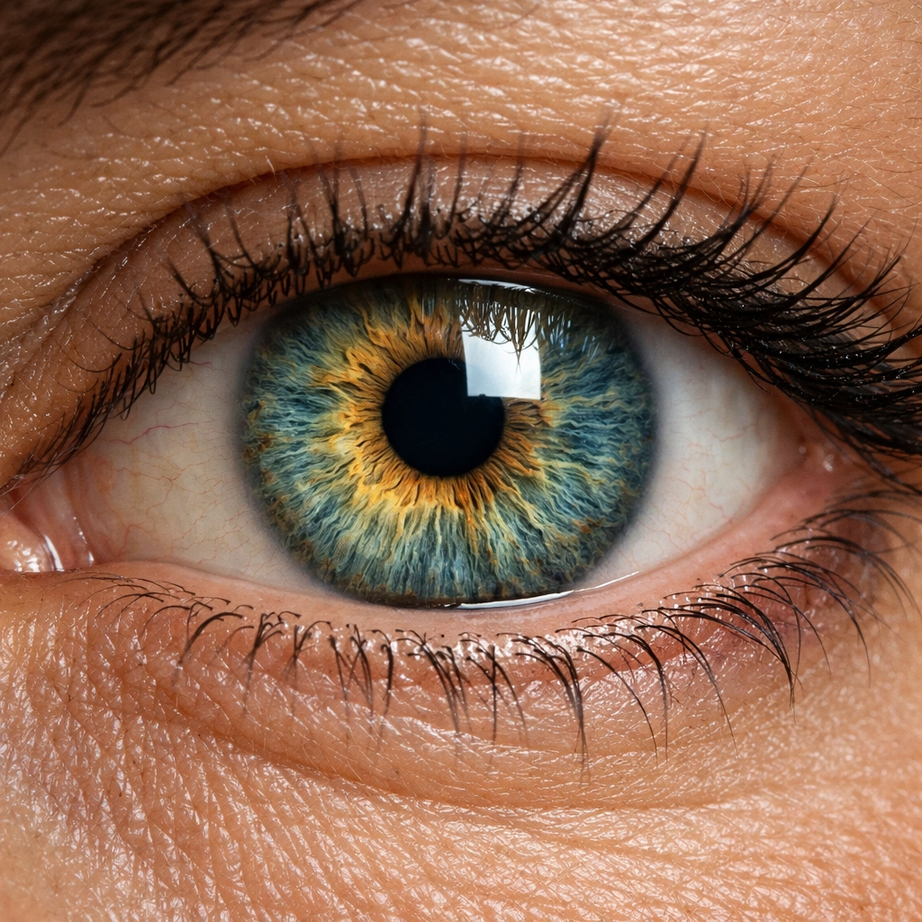 Detailed macro photo of a human eye showing sharp textures preserved through smart compression.