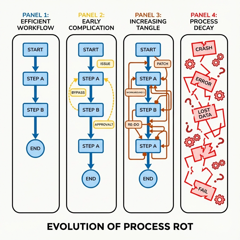 Cartoon illustration showing the evolution of process rot - starting with a clean, simple workflow diagram that gradually becomes more complex, tangled, and inefficient through multiple stages, with various patches and workarounds creating a chaotic mess