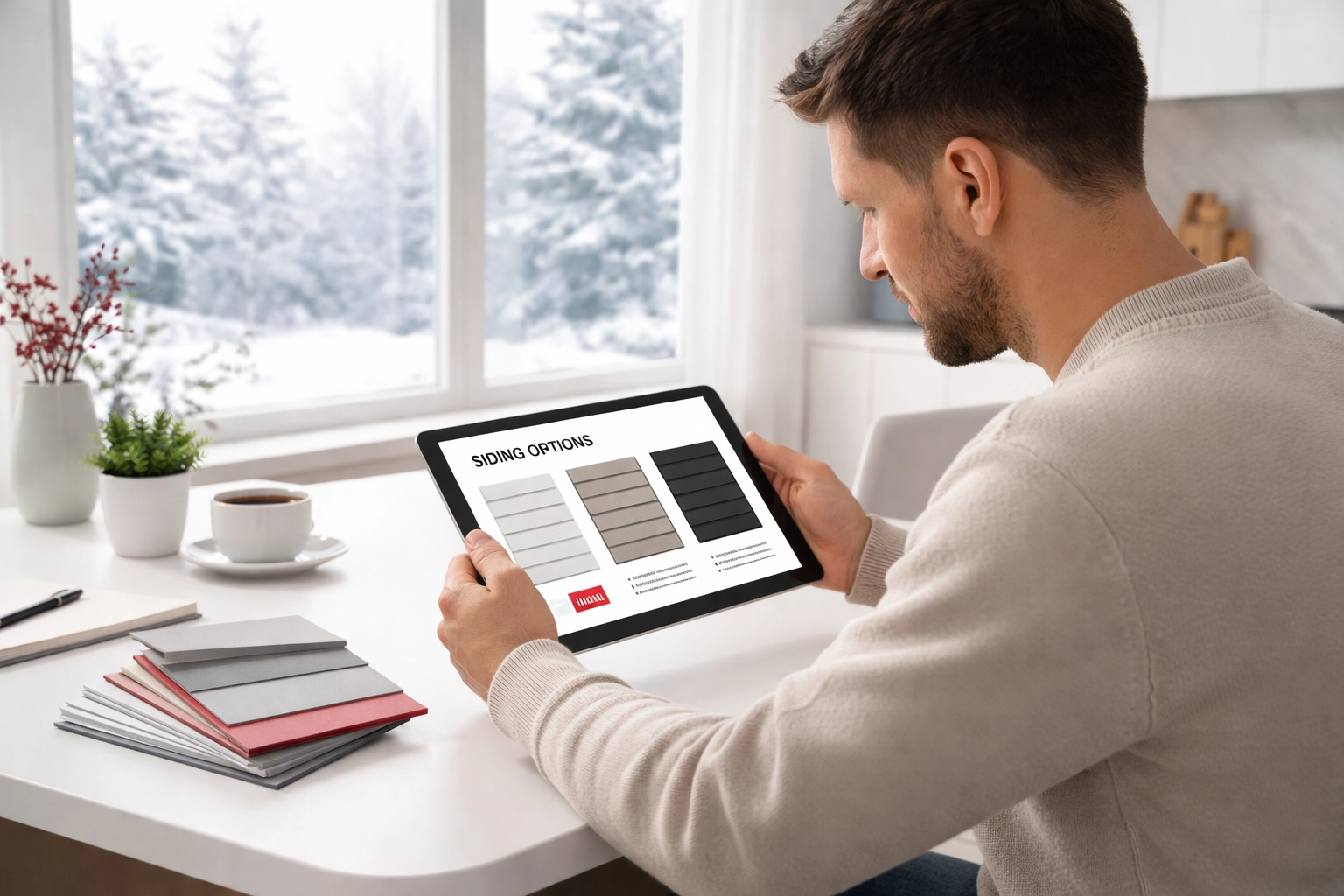 Homeowner comparing siding samples for a Chattanooga home project on a winter day