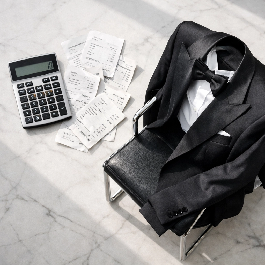 Calculator and receipts showing tuxedo rental vs buying cost comparison