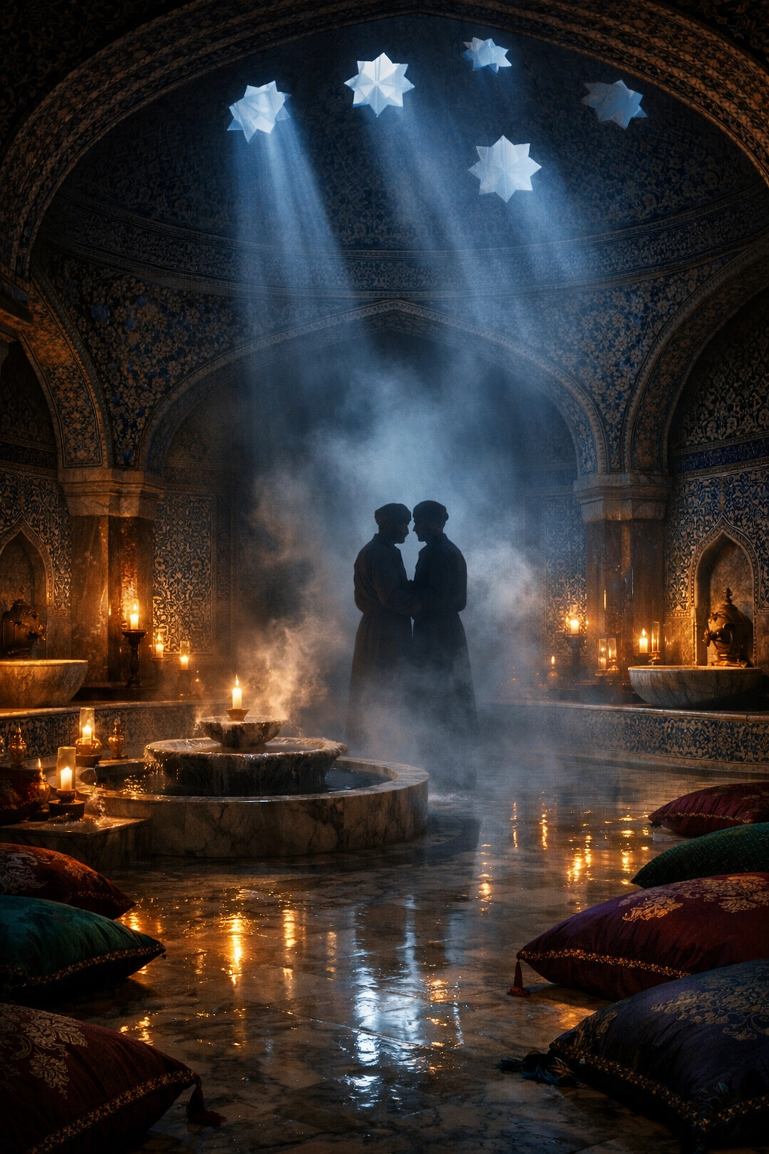 Ottoman palace hammam interior with two men in traditional clothing amid steam and candlelight