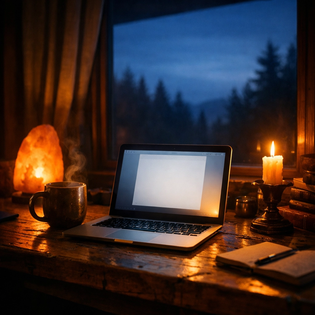Cozy writing nook with a laptop and tea at twilight, symbolizing a midlife soul journey and reflection.