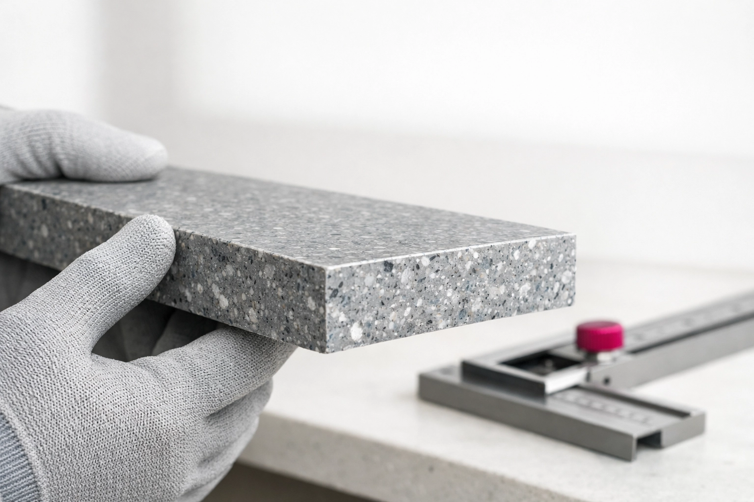 Hands holding a solid-core, silica-free recycled plastic slab showing a smooth, safe edge.