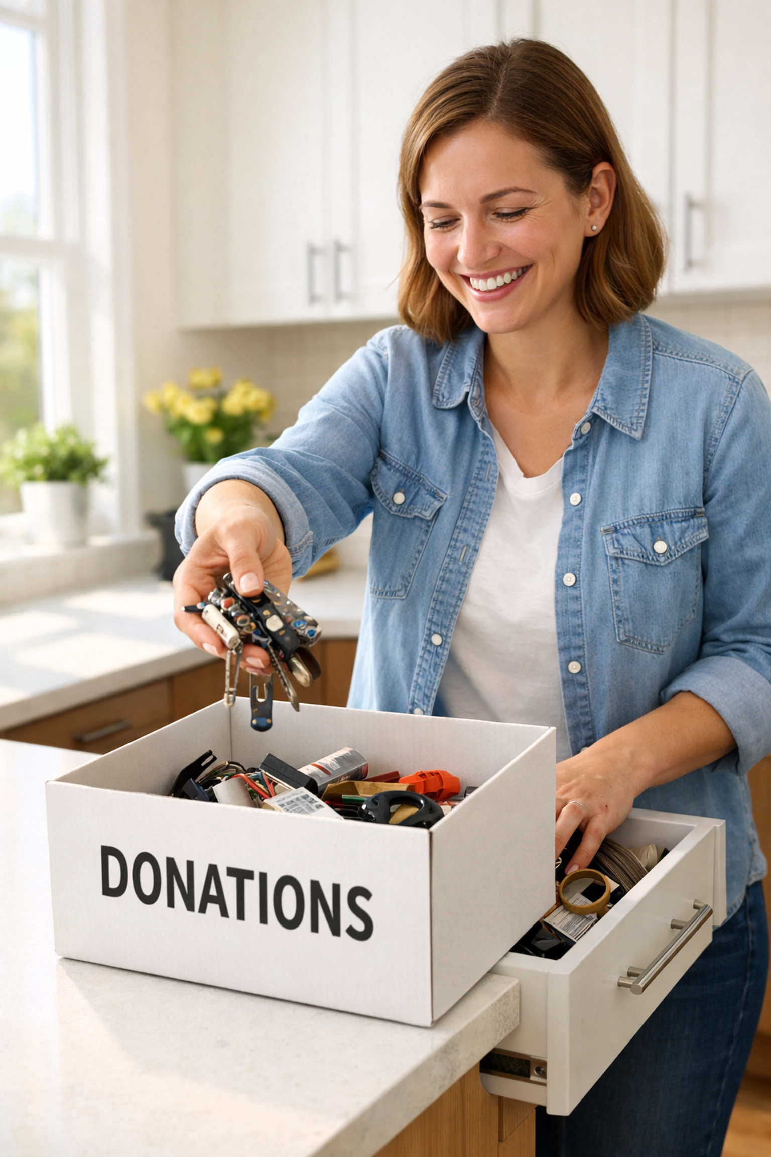 A person happily decluttering a kitchen drawer into a donation box to lighten the load before moving.