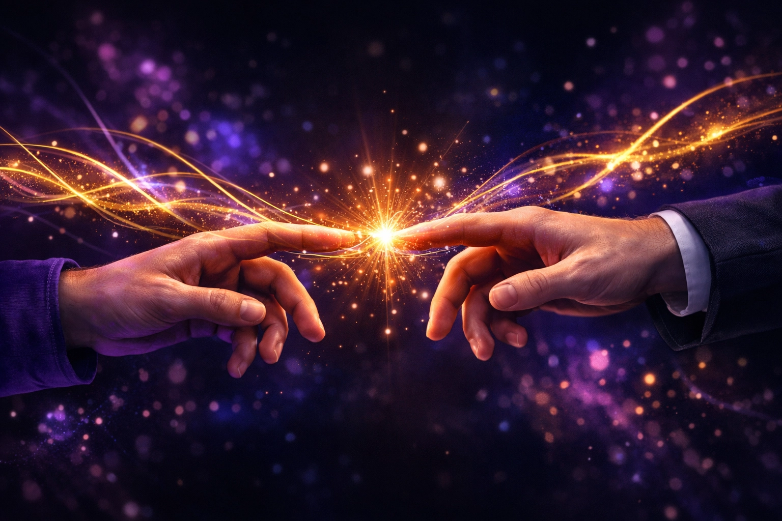 Glowing digital connection between hands symbolizing SEO tools for LGBTQ+ authors and MM romance readers.