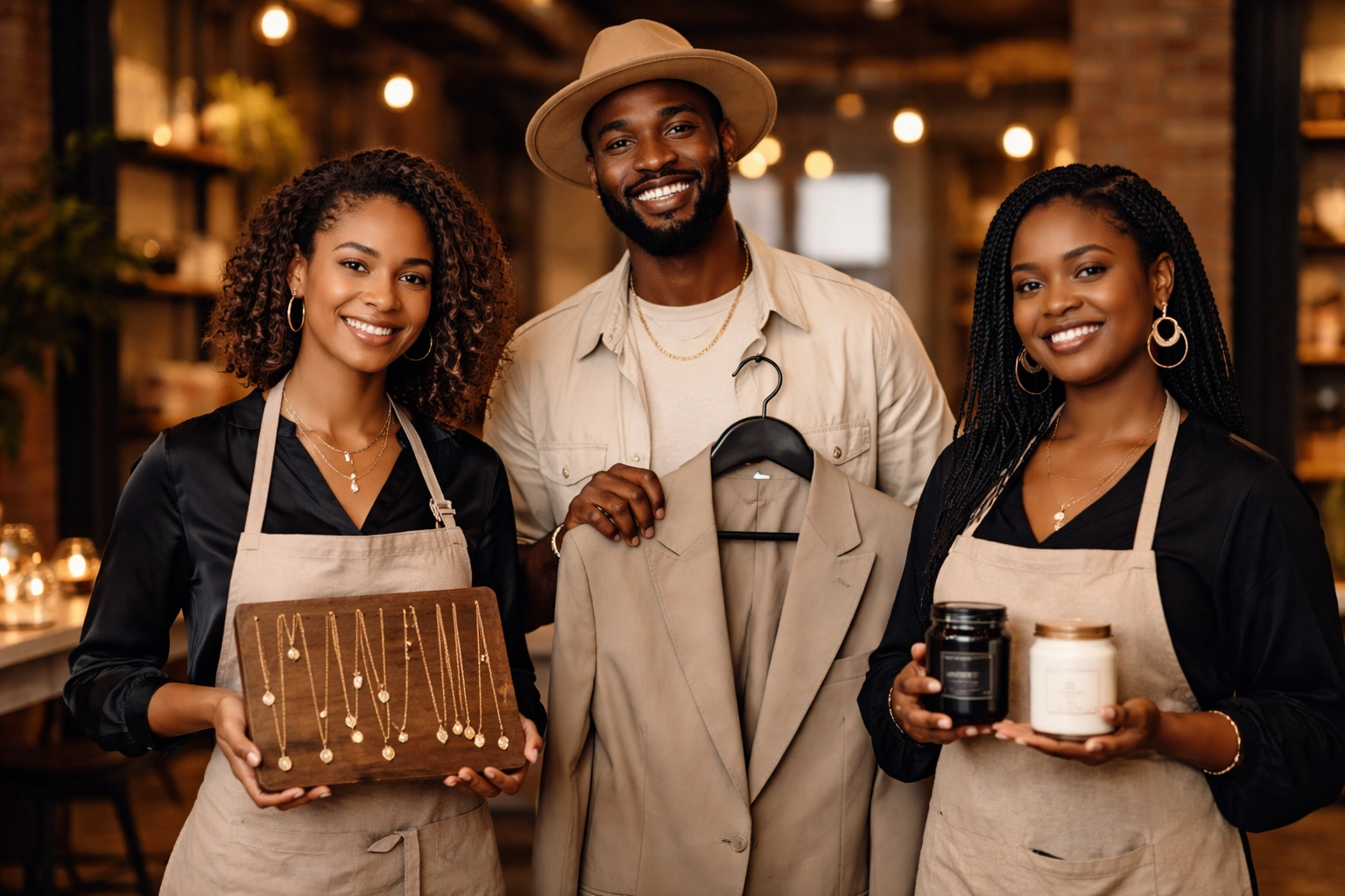 Group of Black entrepreneurs proudly display handcrafted goods, embodying the spirit of today’s Black Wall Street businesses.