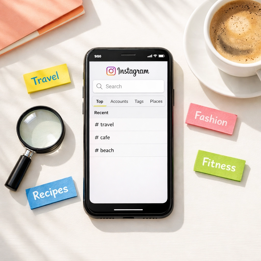 Instagram search bar with keywords demonstrating social SEO optimization strategies