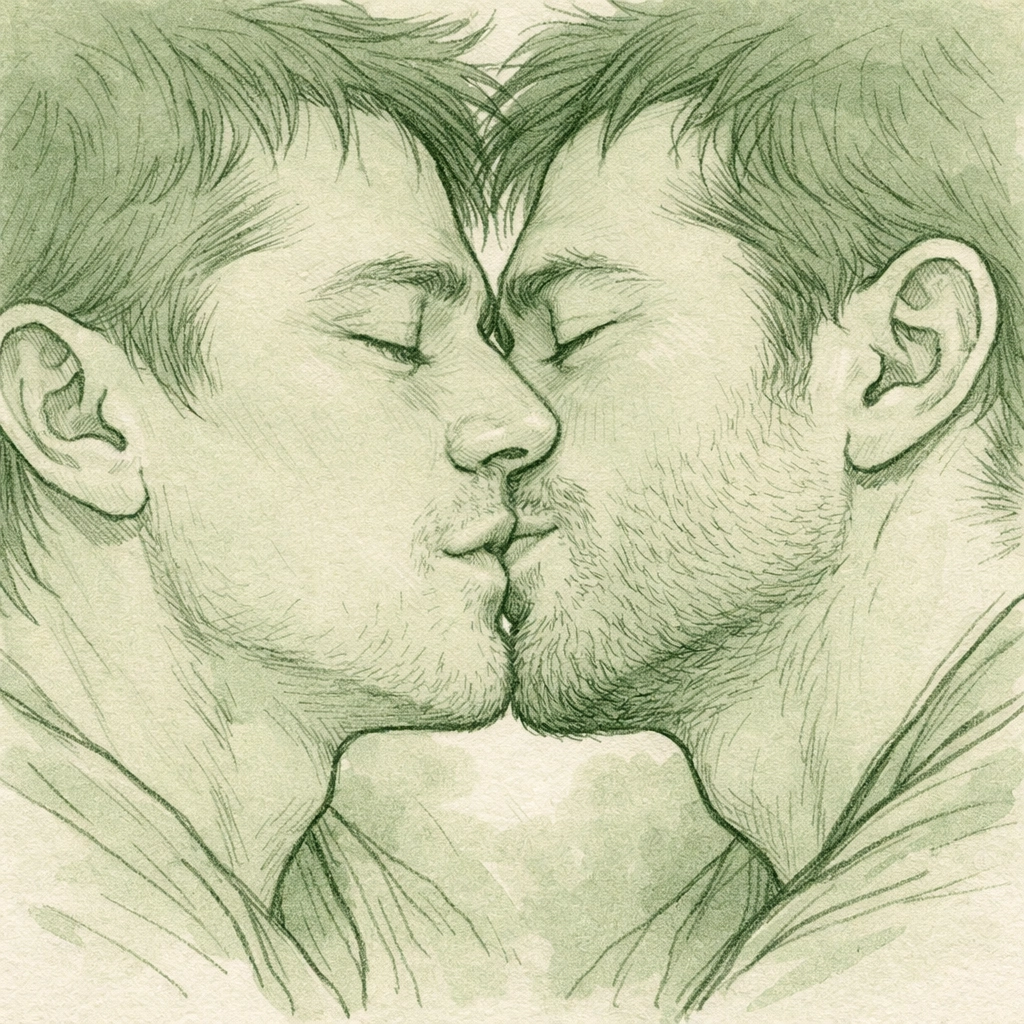 Two men sharing their first kiss in emotional MM romance moment