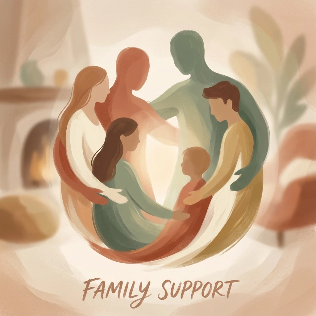 Abstract family group in warm tones, embracing in a cozy setting. Text "Family Support" below, conveying unity and comfort.