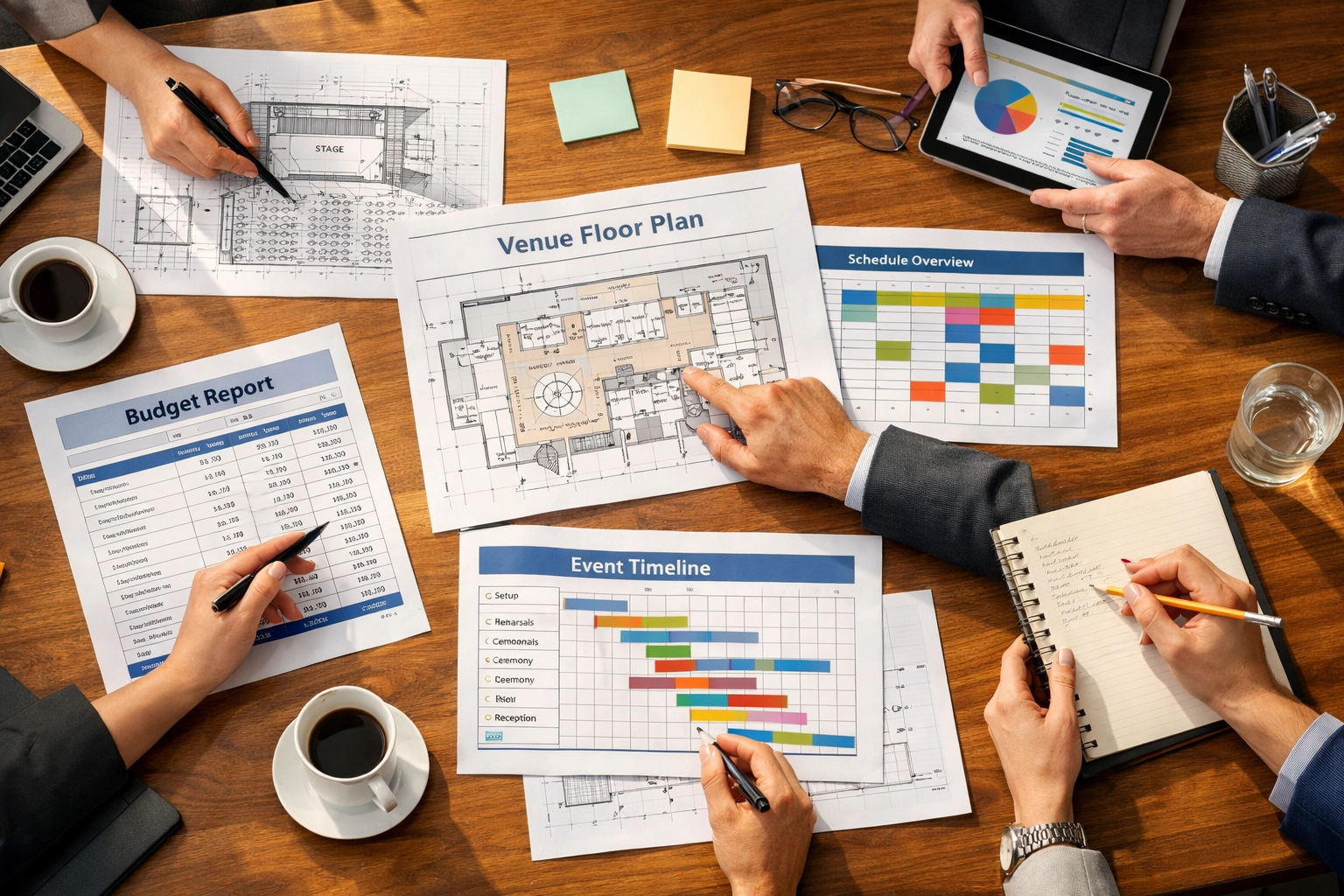 Production planning team reviewing budget spreadsheets and venue blueprints for stadium event execution