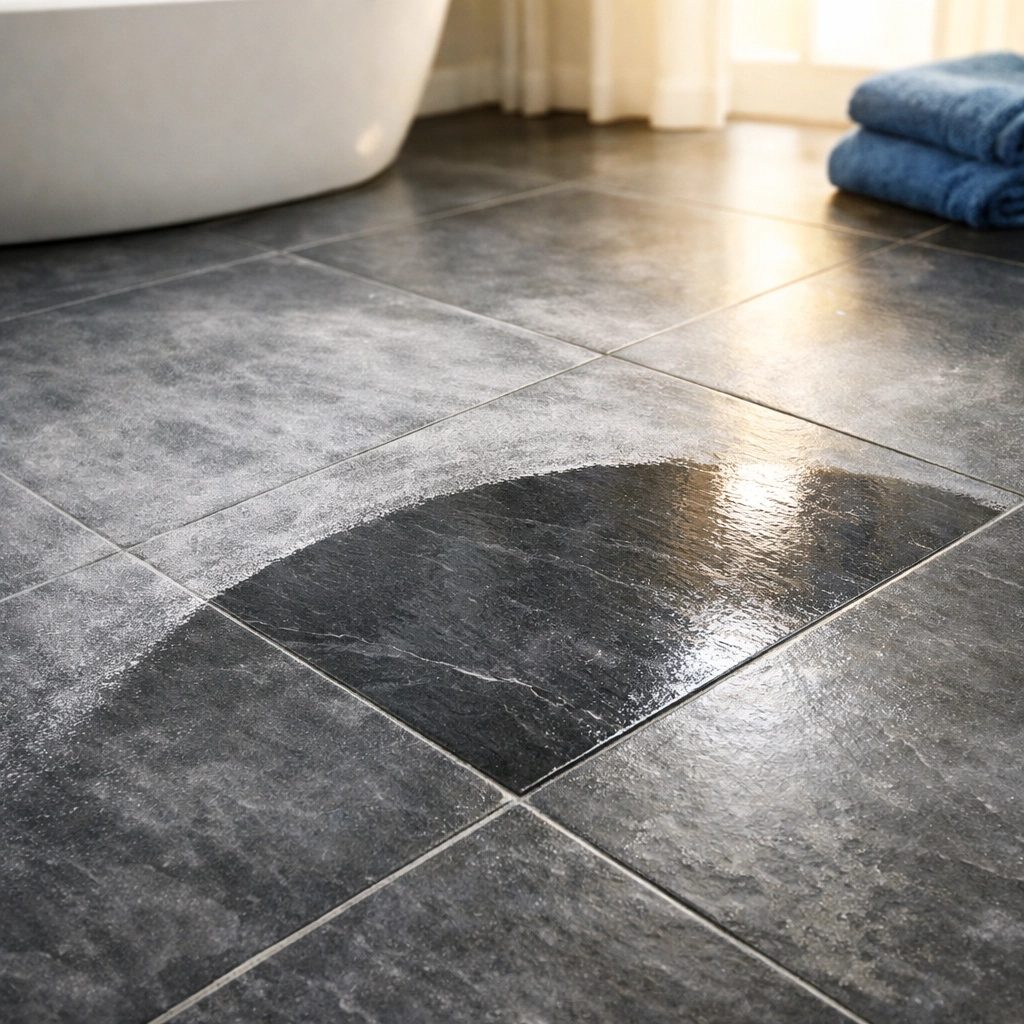 Grout haze being wiped away from new slate-grey porcelain tiles during post-construction cleaning.