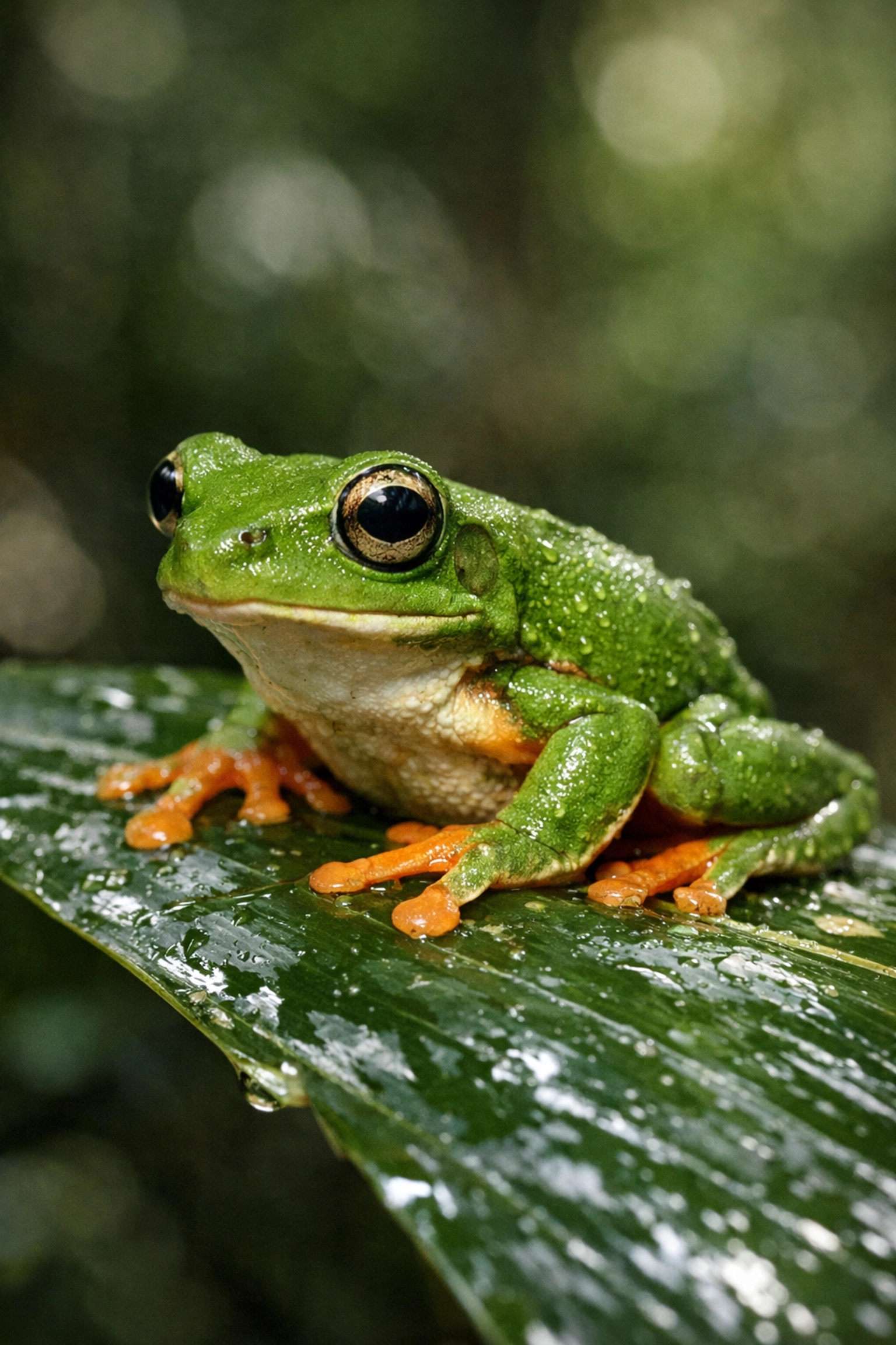 Vibrant green tree frog on a leaf highlighting quality wildlife photography for social media.