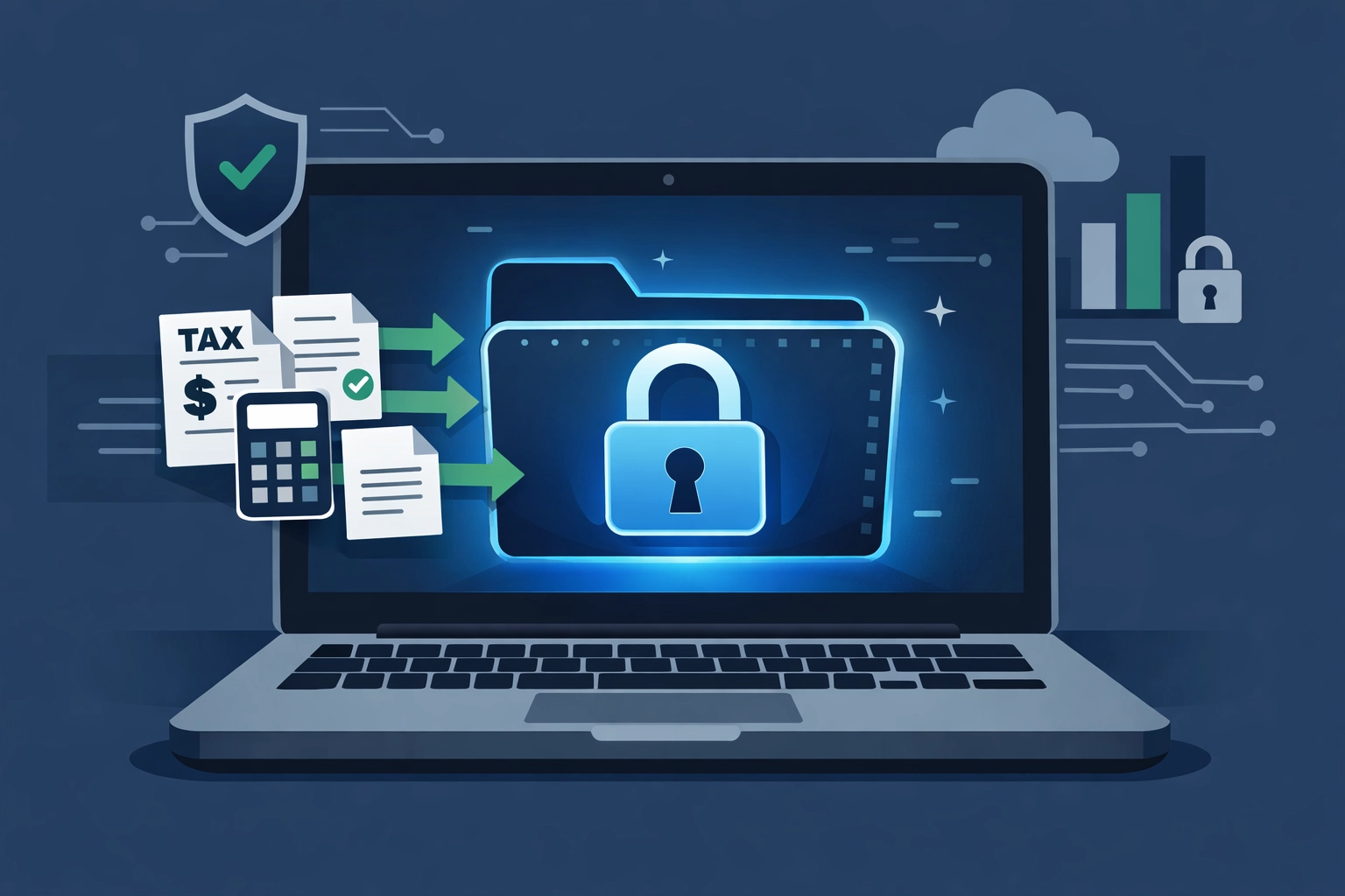 Secure digital tax portal showing document uploads to a protected vault for safe tax preparation.