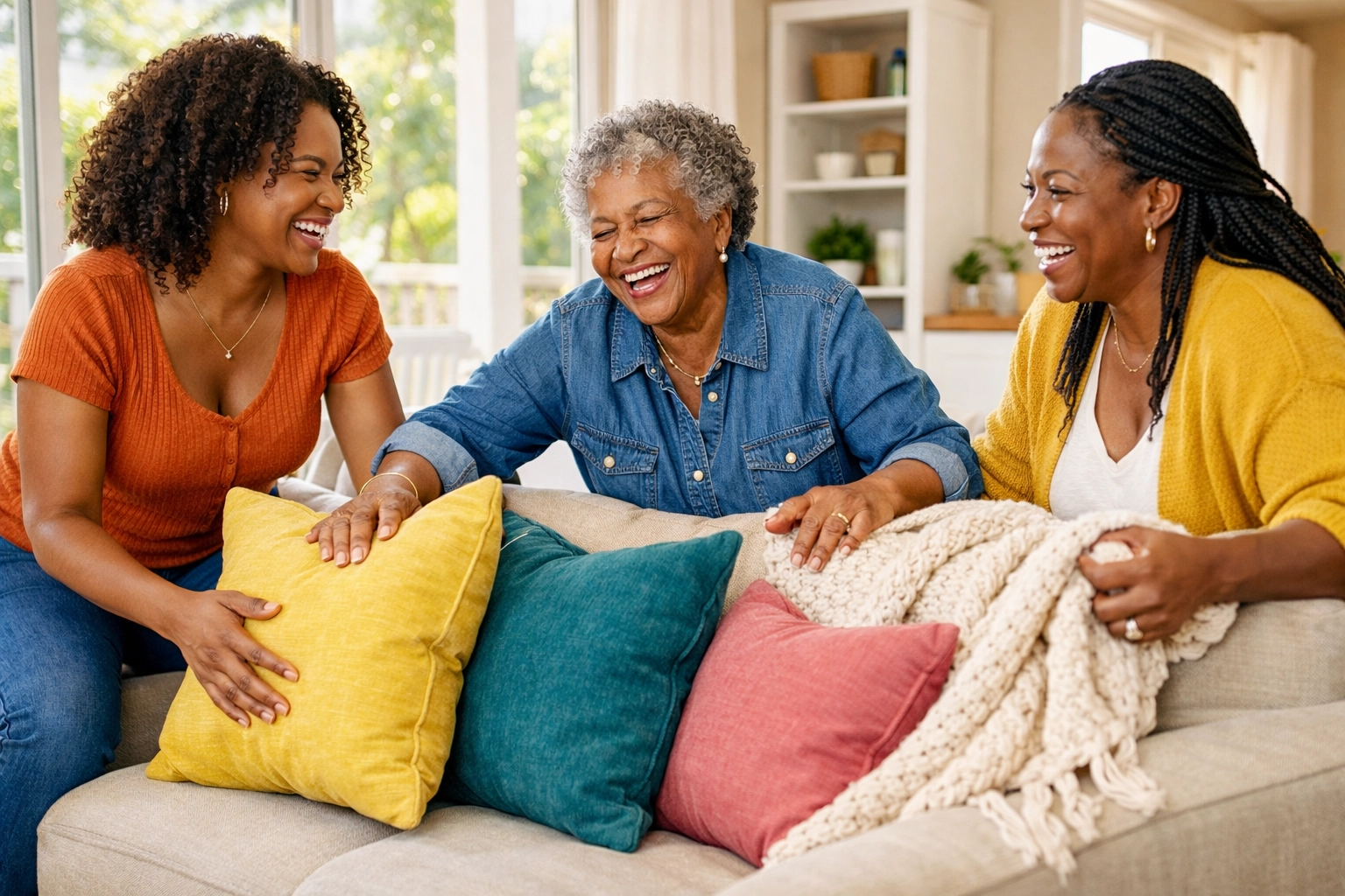Black women decorating a new living room, illustrating the dignity of permanent housing in South Jersey.
