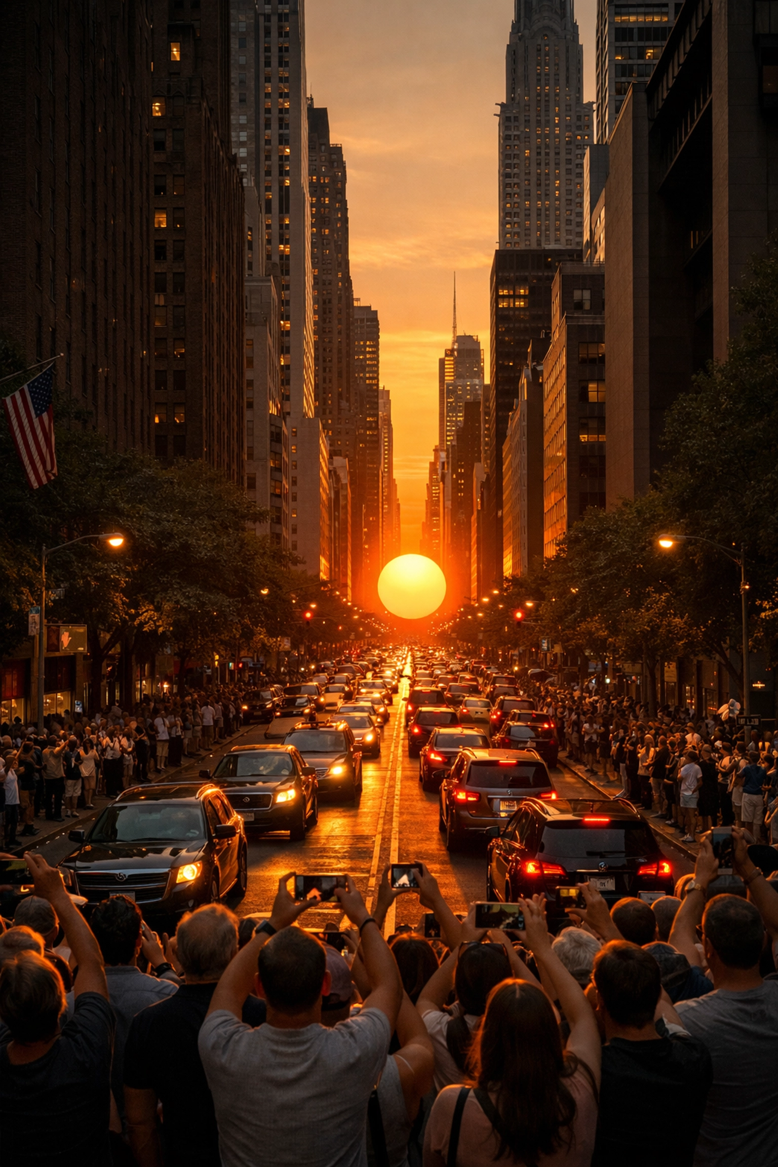 The Manhattanhenge sunset aligned with 42nd Street skyscrapers, a legendary New York City photo spot.