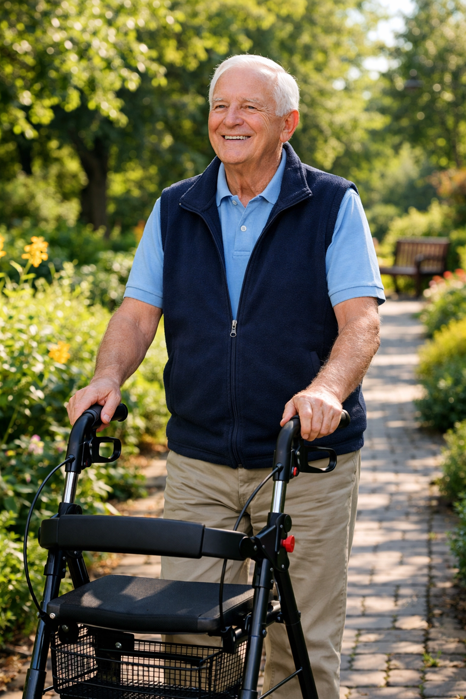 Senior man using a rollator walker with correct upright posture in a bright garden.