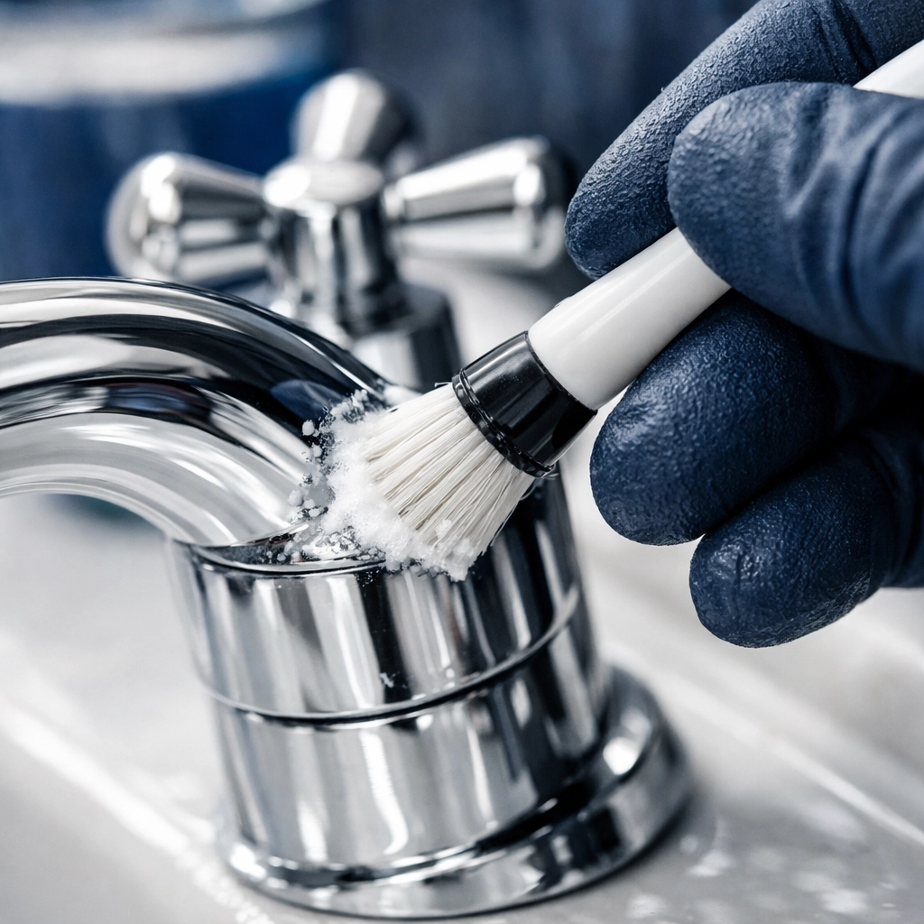 Close-up of a brush scrubbing a bathroom faucet with cleaning paste to remove stubborn minerals.