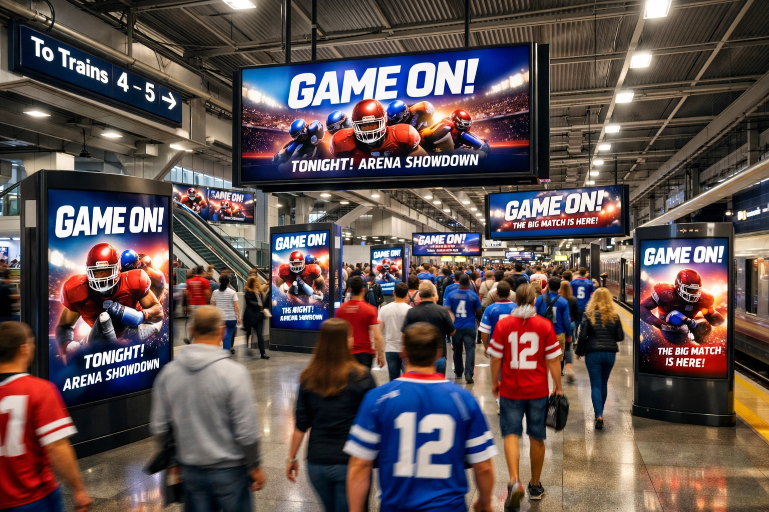 Sports marketing campaign on digital kiosks in a busy transit hub near a major athletic arena.