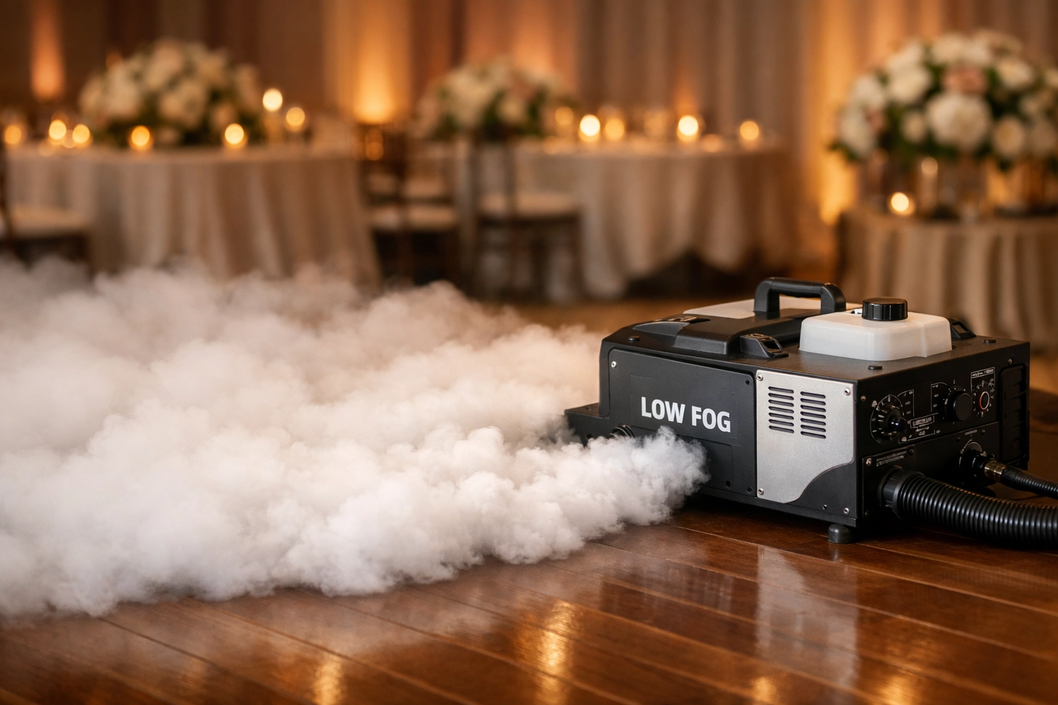 Low-lying fog machine creating a magical walking on clouds effect for a wedding dance floor.